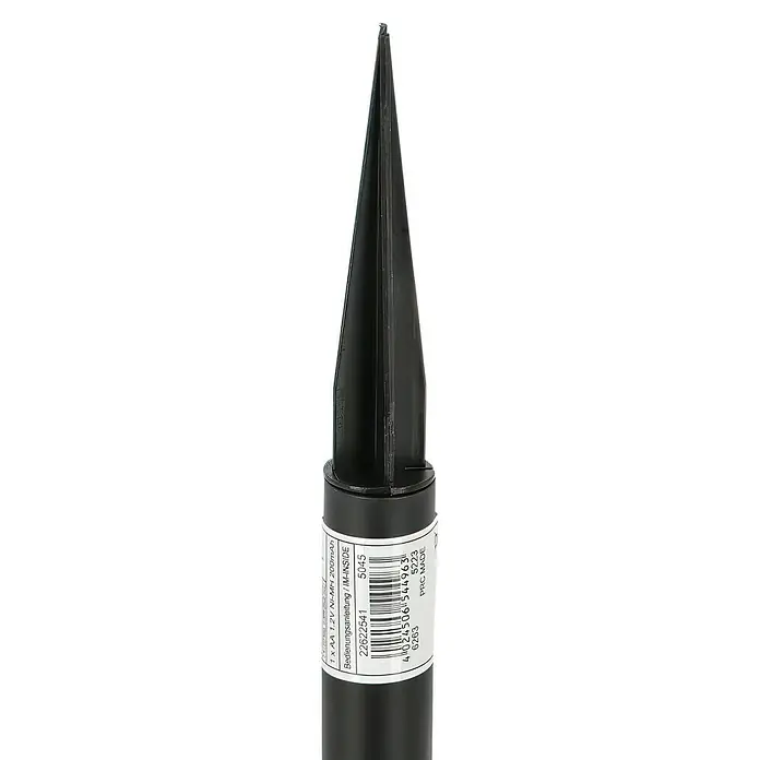 BAUHAUS Solar-Spot 2 - 0,18 W, Schwarz, IP44, 4 lm - Nahaufnahme eines schwarzen Erdspießes mit Produktinformationen auf der Verpackung, ideal für Gartenbeleuchtung und Außenanwendungen.
