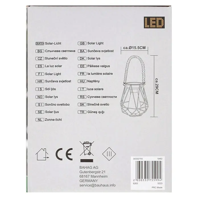 BAUHAUS Solar-Hängeleuchte - 0,03 W, L x B x H: 15 x 15 x 15,5 cm, Schwarz, IP44 - Abbildung einer Solarleuchte mit LED, ca. 15,5 cm Durchmesser und 29 cm Höhe, ideal für Garten und Terrasse.