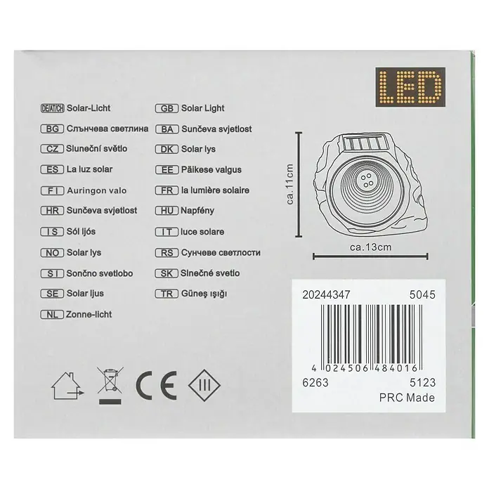 BAUHAUS Solarstein Rock - LED - Abbildung einer Solarleuchte in Steinoptik mit LED, Maße ca. 11cm hoch und ca. 13cm breit, Barcode und CE-Kennzeichnung.