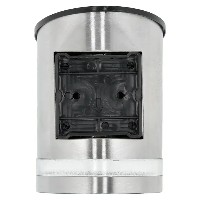 BAUHAUS Solar-Außenwandleuchte - 0,1 W, L x B x H: 12 x 9 x 12,5 cm, Silber, 15 lm - Nahaufnahme eines silberfarbenen, zylindrischen Behälters mit einer schwarzen rechteckigen Aussparung und Schrauben.
