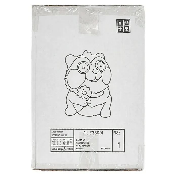 BAUHAUS Solar-Dekoleuchte - Lichtfarbe: Warmweiß, 29,5 x 25 x 35 cm, Waschbär - Karton mit der Artikelnummer 27888320, bedruckt mit einer niedlichen Panda-Bär-Illustration und Versandinformationen.