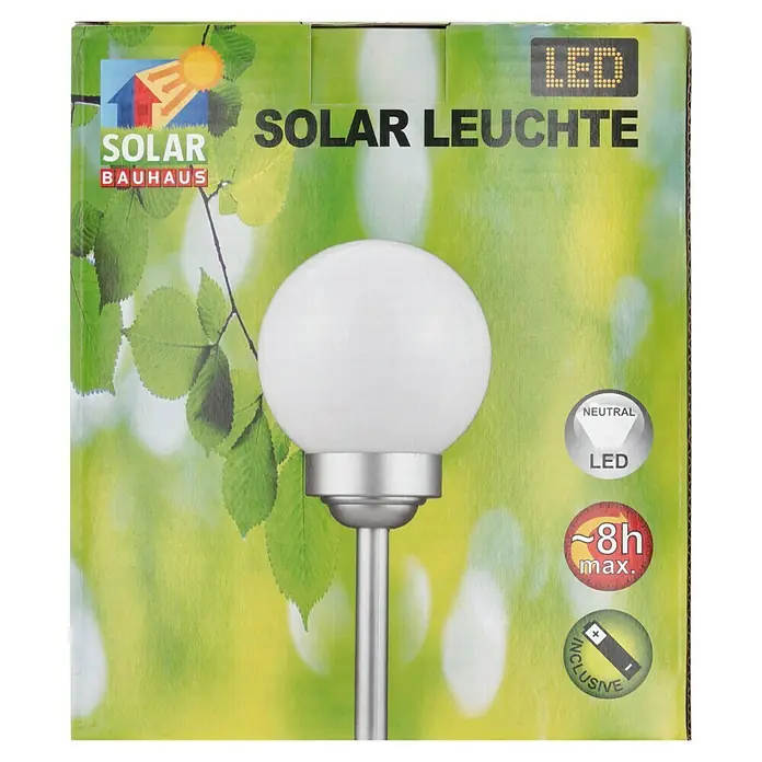 BAUHAUS Solar-Dekoleuchte Fara - Durchmesser: 15 cm, Höhe: 47,5 cm, LED - Produktverpackung einer Solarleuchte von Bauhaus. Die Leuchte ist mit LEDs ausgestattet und hat eine maximale Leuchtdauer von 8 Stunden.