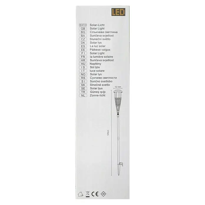 BAUHAUS Solarleuchten-Set - 0,1 W, L x B x H: 12,1 x 12,1 x 131 cm, Schwarz, 1,5 lm - Produktverpackung mit LED Solarleuchte, Größenangaben und Produktinformationen.