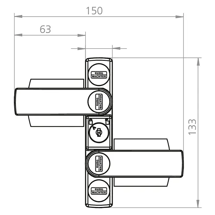 Burg-Wächter WinSafe Fenstersicherung WS 22 - Zweiflügelig, Braun - Technische Zeichnung eines Burg Wächter Türbeschlags mit Maßen. Präzise Angaben für Installation und Design.