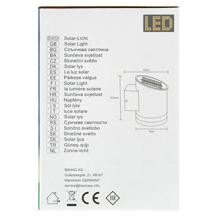 BAUHAUS Solar-Außenwandleuchte - 0,1 W, L x B x H: 12 x 9 x 12,5 cm, Silber, 15 lm - Produktbild einer LED-Solarlampe mit Größenangaben für den Außenbereich.