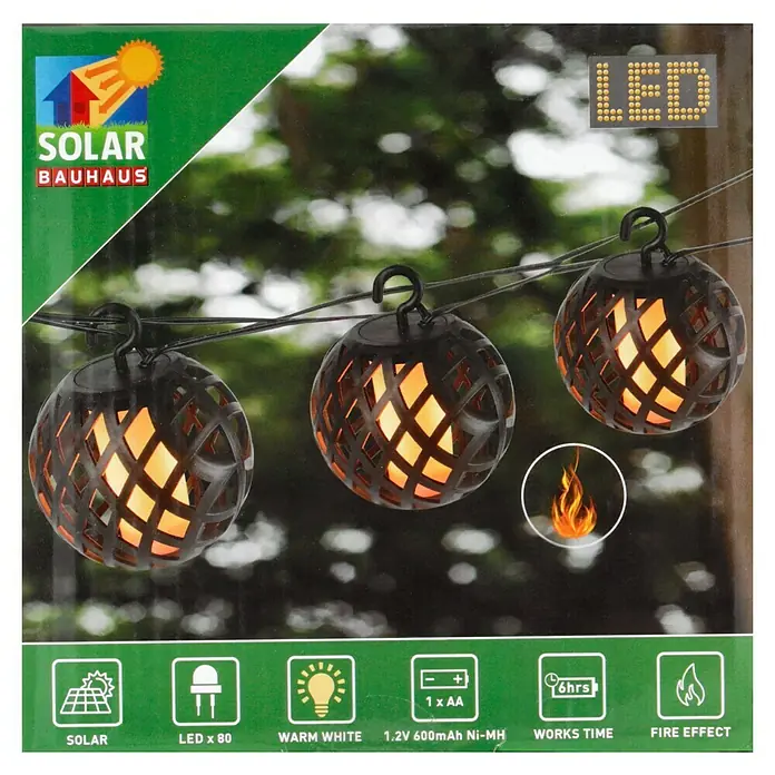 BAUHAUS Solar-Lichterkette Flame - Länge: 4,1 m, LED, Lichtfarbe: Gelb - Solar Bauhaus LED-Lichterkette mit warmweißem Licht und Feuereffekt für den Außenbereich, ideal für Gartenpartys.