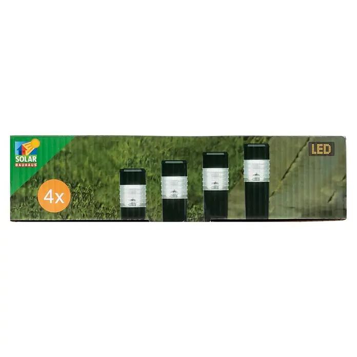 BAUHAUS Solarleuchten-Set Piazza - 4 Stk., L x B x H: 6 x 6 x 39 cm, Anthrazit, IP44, 3 lm - Eine Verpackung mit vier Solar-Gartenleuchten. Die Leuchten haben ein modernes Design und sind mit LED-Technologie ausgestattet.