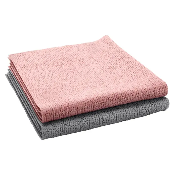 Vileda Universalreinigungstücher Actifibre Soft Touch - 2 Stk., Mikrofaser - Ein Stapel weicher Mikrofasertücher in Rosa und Grau, ideal für die Reinigung und zum Abstauben im Haushalt.
