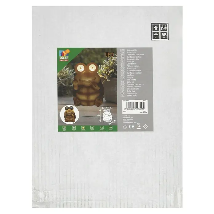BAUHAUS Solar-Dekoleuchte - Lichtfarbe: Warmweiß, 24 x 27 x 35 cm, Schildkröte - Produktverpackung: Solarleuchte in Form eines Frosches mit LED-Augen von Solar Bauhaus für stimmungsvolle Gartenbeleuchtung.