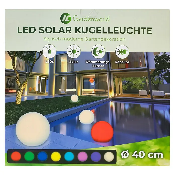 LED-Solar-DekoleuchteWeiß, 40 x 38 cm - LED Solar Kugel Leuchte für stilvolle Gartendekoration. Kabellose, moderne Aussenleuchte mit Dämmerungssensor und Farbwechsel.