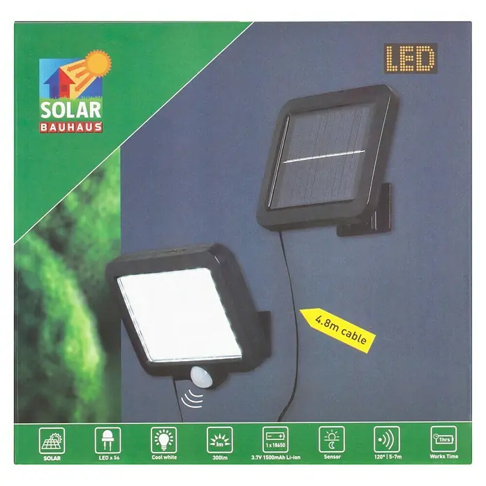 BAUHAUS Solar-Außenwandleuchte - 3 W, Schwarz, IP44, 300 lm - Bild einer Solar-LED-Leuchte von Bauhaus, die für den Außenbereich geeignet ist, mit Solarpanel und Bewegungssensor für mehr Sicherheit.