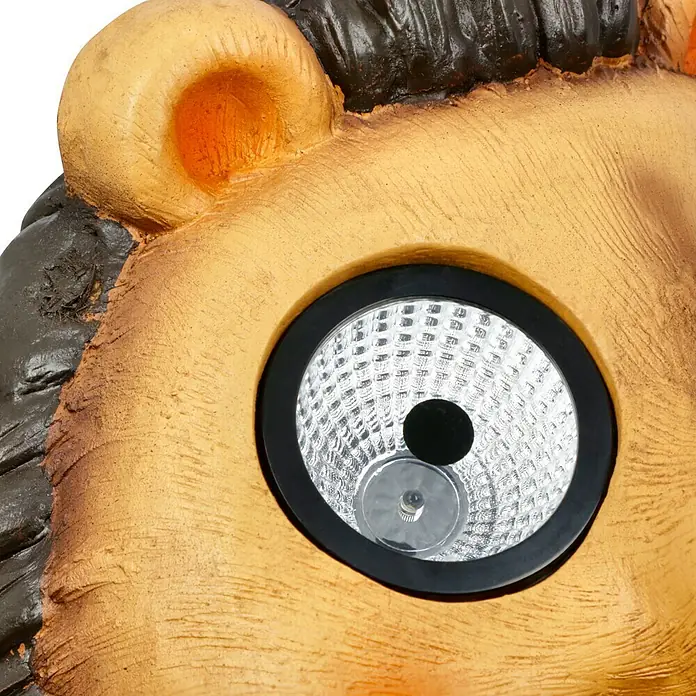 BAUHAUS Solar-Dekoleuchte - Lichtfarbe: Warmweiß, 29,5 x 25 x 35 cm, Igel - Nahaufnahme eines Löwenkopfes mit Solarleuchte als Auge.