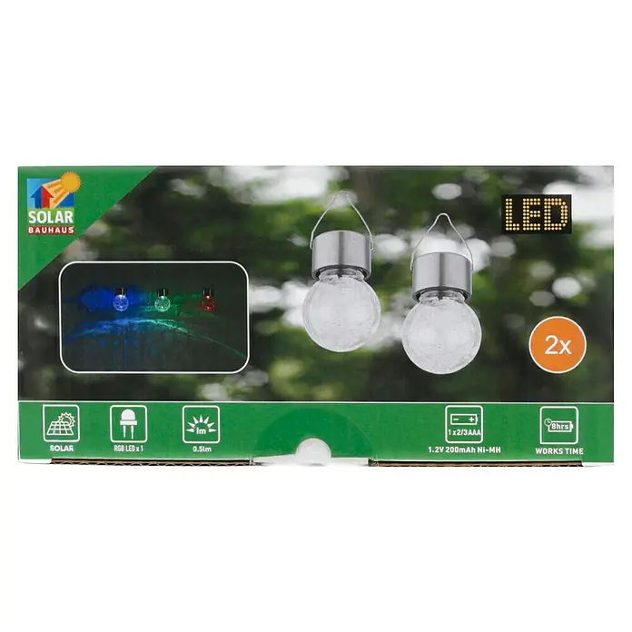 BAUHAUS Solar-Hängeleuchte - Nickel, Klar, IP44 - Abbildung einer Solar Bauhaus-Produktverpackung mit dem Hinweis auf 2 Solarleuchten mit RGB-LED und einer Leuchtdauer von 8 Stunden.
