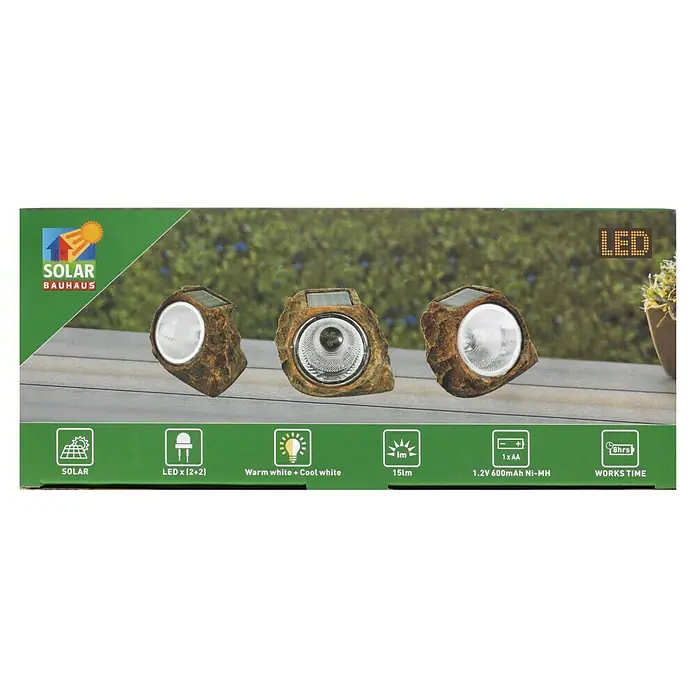 BAUHAUS Solarstein Rock - LED - Eine Packung mit drei Solar Bauhaus Gartenleuchten in Steinoptik. Sie verfügen über warmweißes und kaltweißes LED-Licht.