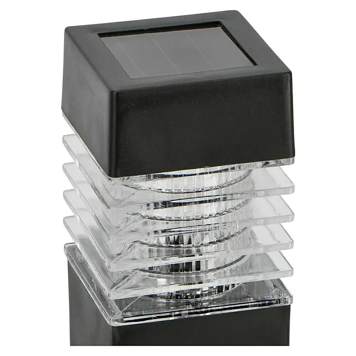 BAUHAUS Solarleuchten-Set Piazza - 4 Stk., L x B x H: 6 x 6 x 39 cm, Anthrazit, IP44, 3 lm - Nahaufnahme einer Solar-Gartenleuchte mit schwarzem Oberteil und klaren, gestuften Paneelen, die ein sanftes, dekoratives Licht erzeugt.