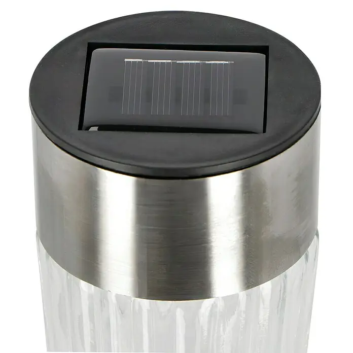 BAUHAUS Solar-Erdspieß Big Glas - 0,12 W, Transparent, Nickel, IP44, 6 lm - Nahaufnahme einer stilvollen Solarleuchte mit silbernem Gehäuse und integriertem Solarpanel. Perfekt für Garten und Terrasse.