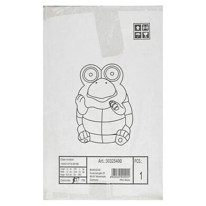 BAUHAUS Solar-Dekoleuchte - Lichtfarbe: Warmweiß, 24 x 27 x 35 cm, Schildkröte - Verpackungskarton mit einer Cartoon-Schildkröte, Bestellnummer, Artikelnummer, Gewichtsangaben und Herstellerinformationen.