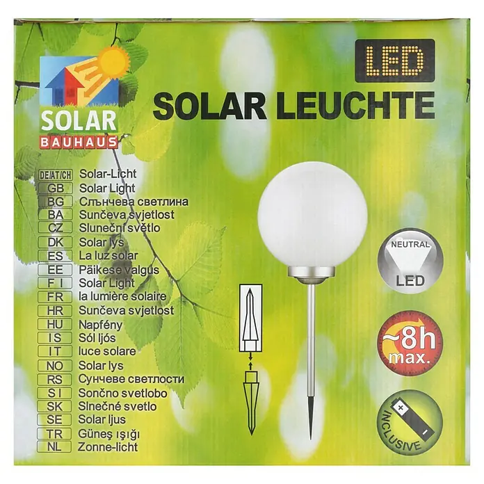 BAUHAUS Solar-Kugelleuchte Fara - Durchmesser: 30 cm, Höhe: 73 cm, LED - Produktverpackung einer Solarleuchte von Bauhaus mit LED-Technologie für den Gartenbereich.