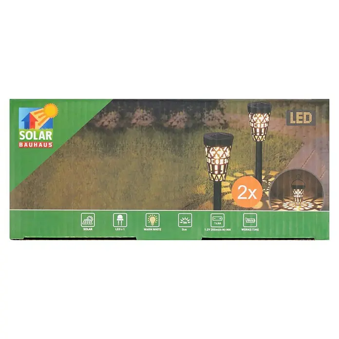 BAUHAUS Solar-Erdspieß - Schwarz/Gold, IP44, 3 lm - Verpackung von Solar Bauhaus LED-Gartenleuchten mit warmweißem Licht, 3lm Helligkeit, 1.2V 200mAh Ni-MH Akku, Solarpanel und 2 Stück im Set.