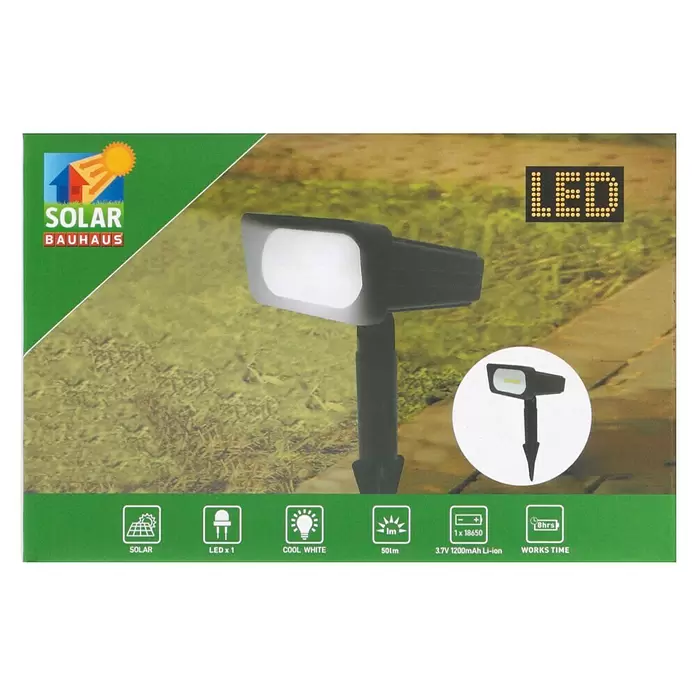 BAUHAUS Solar-Erdspieß - L x B x H: 14 x 12 x 31 cm, Schwarz, IP44, 50 lm - Schwarzer Solar-LED-Gartenstrahler mit Erdspieß für kühles weißes Licht.