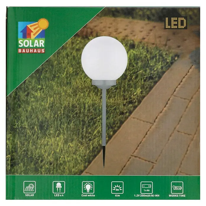BAUHAUS Solar-Dekoleuchte Fara - Durchmesser: 25 cm, Höhe: 67,7 cm, LED - Bild einer Solar-Gartenleuchte mit LED-Beleuchtung. Die Leuchte hat eine kugelförmige Lampe und einen Erdspieß zur einfachen Installation im Garten.