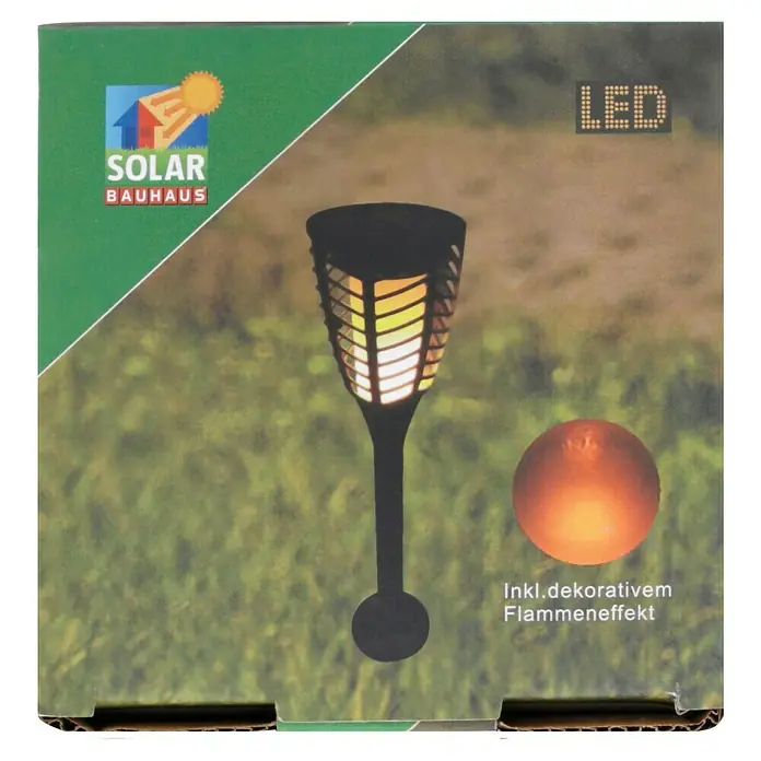 BAUHAUS Solar-Erdspieß Fackel Flame - Schwarz - Abbildung einer Solar-Gartenfackel mit LED-Flammeneffekt auf einer Produktverpackung.