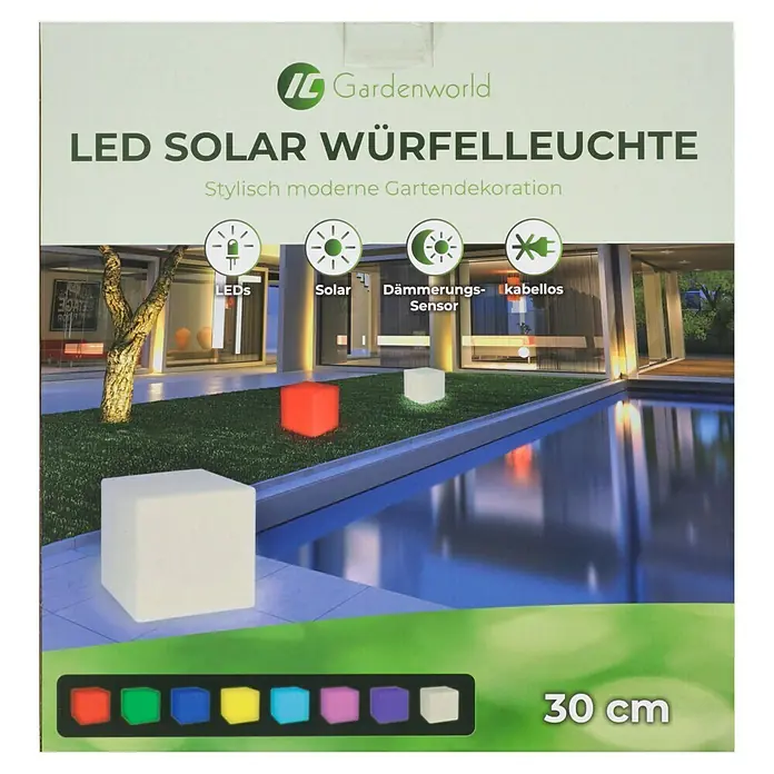 LED-Solar-Würfelleuchte - 30 x 30 x 30 cm - Abbildung einer LED-Solarwürfelleuchte von Gardenworld, eine stilvolle und moderne Gartendekoration.
