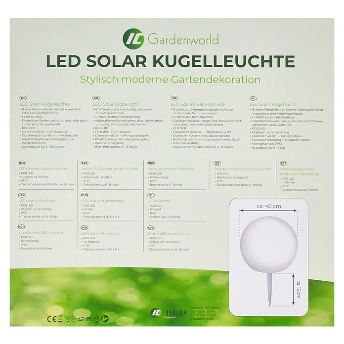 Solar-Dekoleuchte - Weiß, IP67, 40 x 38 cm - LED Solar Kugelleuchte mit Farbwechsel und ca. 40cm Durchmesser. Ideal für die Gartendekoration mit einer Leuchtdauer von 6-8 Stunden.