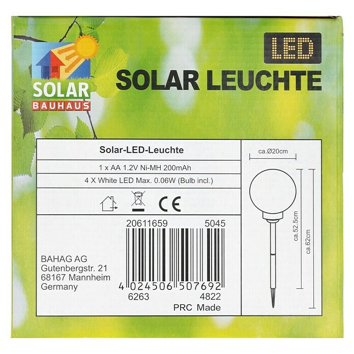 BAUHAUS Solar-Kugelleuchte (Mit Erdspieß, Durchmesser Leuchte: 200 mm, Höhe: 523 mm, LED, 8 h)