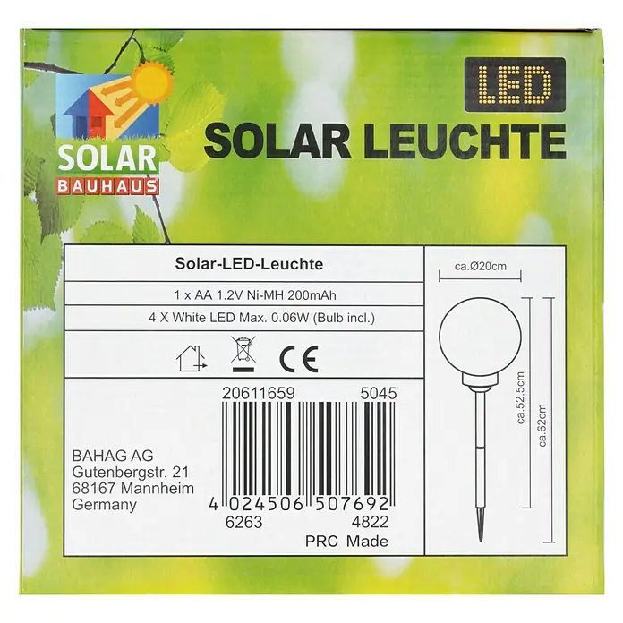 BAUHAUS Solar-Dekoleuchte Fara - Durchmesser: 20 cm, Höhe: 52,3 cm, LED - Verpackung der Solar-LED-Leuchte von Bauhaus mit Produktdetails, Barcode und Herstellerinformationen.