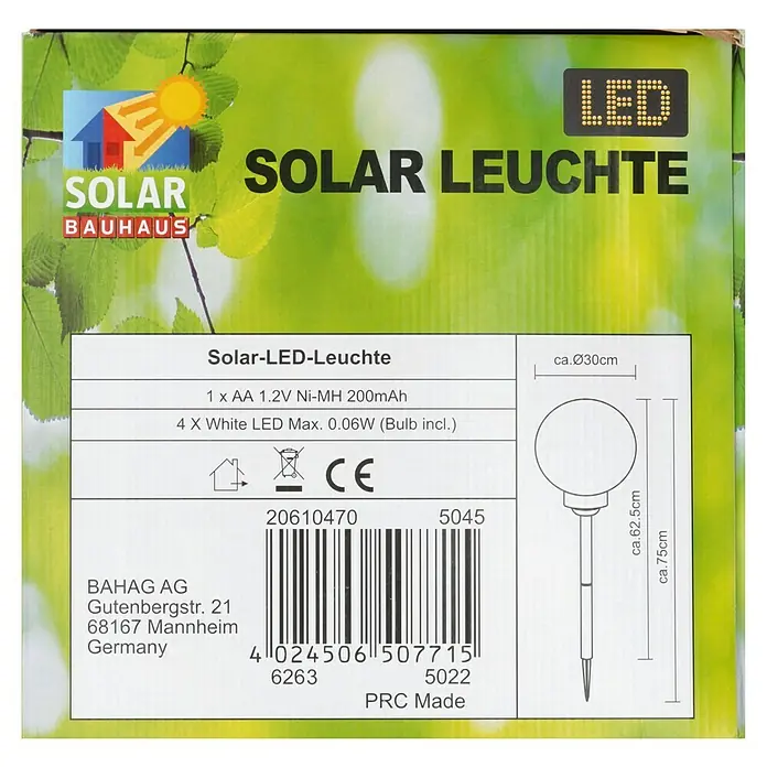 BAUHAUS Solar-Kugelleuchte Fara - Durchmesser: 30 cm, Höhe: 73 cm, LED - Abbildung einer Solarleuchte von Bauhaus, die mit LEDs betrieben wird und eine AA-Batterie benötigt.