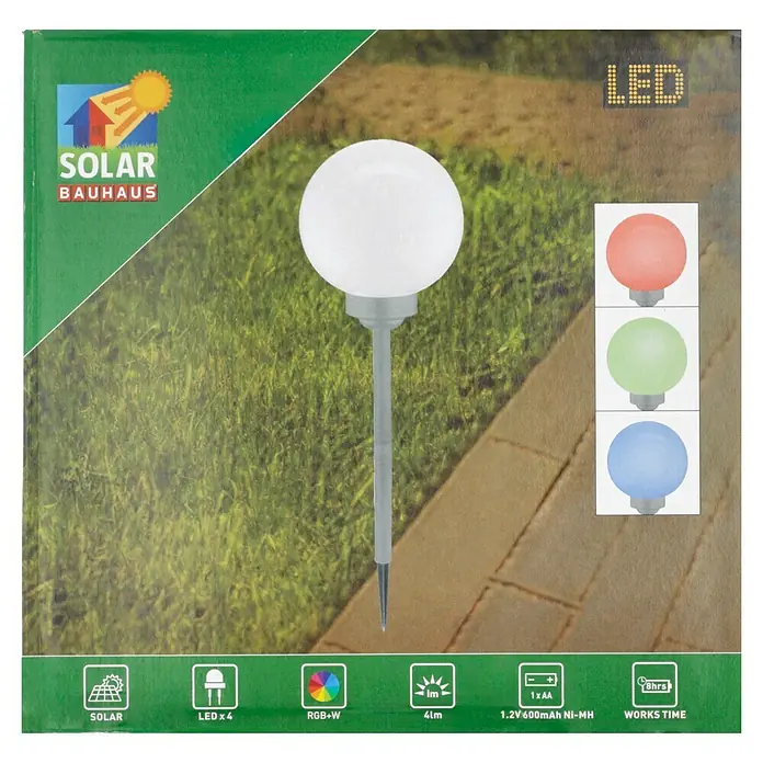 BAUHAUS Solar-Dekoleuchte Ball - Höhe: 525 mm, IP44 - Bild einer Solarleuchte von Bauhaus, die mit LEDs ausgestattet ist und RGB+W-Farboptionen bietet.