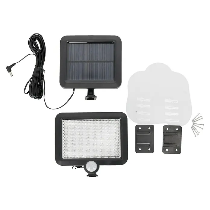 BAUHAUS Solar-Außenwandleuchte - 3 W, Schwarz, IP44, 300 lm - Abbildung einer Solarleuchte mit Solarmodul, Verbindungskabel, Montagehalterung und Schrauben zur einfachen Installation.