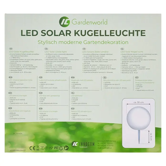Solar-Dekoleuchte - Weiß, IP67, 30 x 27 cm - LED-Solarkugelleuchte für den Garten: Stilvolle Dekoration mit Farbwechselmodus und Erdspieß für einfache Installation.