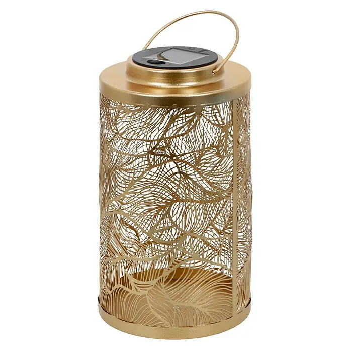BAUHAUS Solar-Tischleuchte Dekolaterne - Gold - Goldene Laterne mit filigranem Blattmuster und Solarpanel für stimmungsvolle Beleuchtung im Außenbereich. Ideal für Garten und Terrasse.