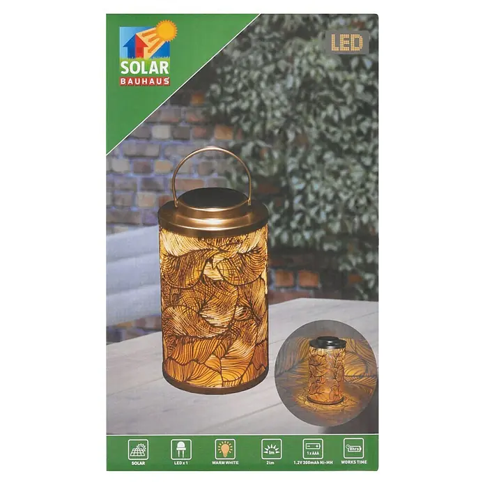 BAUHAUS Solar-Tischleuchte Dekolaterne - Gold - Produktfoto einer Solar Bauhaus Laterne mit LED-Beleuchtung und Blattmuster. Ideal für stimmungsvolle Gartenbeleuchtung.