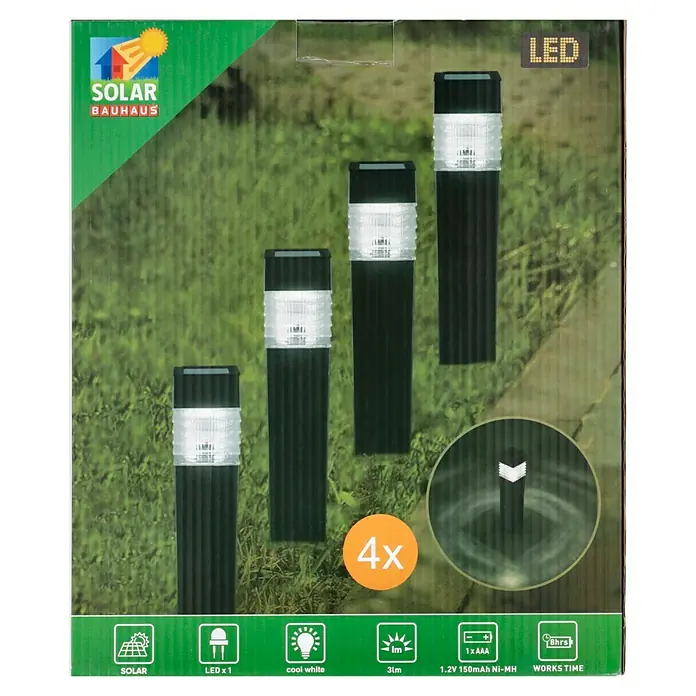 BAUHAUS Solarleuchten-Set Piazza - 4 Stk., L x B x H: 6 x 6 x 39 cm, Anthrazit, IP44, 3 lm - Bild einer Verpackung mit Solar-LED-Gartenleuchten. Enthält vier Leuchten, Solarbetrieb, kühles Weiß und bis zu 8 Stunden Leuchtdauer.