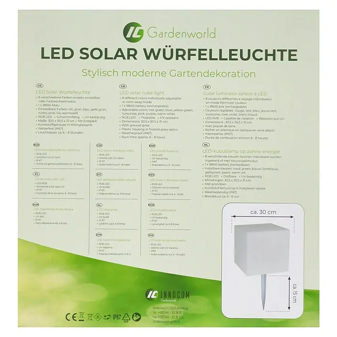 LED-Solar-Würfelleuchte - 30 x 30 x 30 cm - Image of a modern LED solar cube light for garden decoration.\n