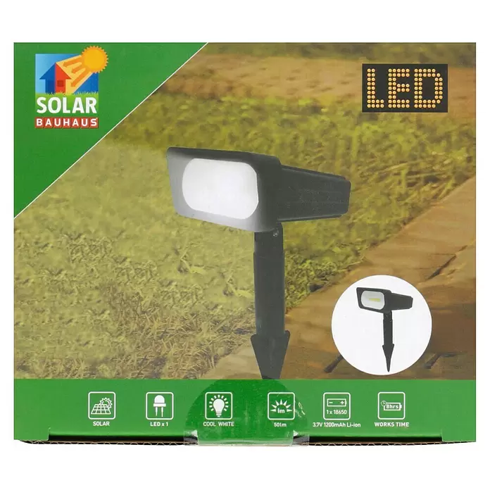 BAUHAUS Solar-Erdspieß - L x B x H: 14 x 12 x 31 cm, Schwarz, IP44, 50 lm - Schwarzer Solar-LED-Spotlight mit Erdspieß, strahlt kaltweißes Licht ab, im Außenbereich gezeigt.