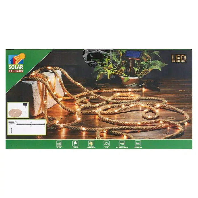 BAUHAUS Solar-Lichterkette - Länge: 13 m, LED - Produktansicht einer dekorativen Solar-Lichterkette im Seildesign, ideal für stimmungsvolle Gartenbeleuchtung und gemütliche Abende im Freien.