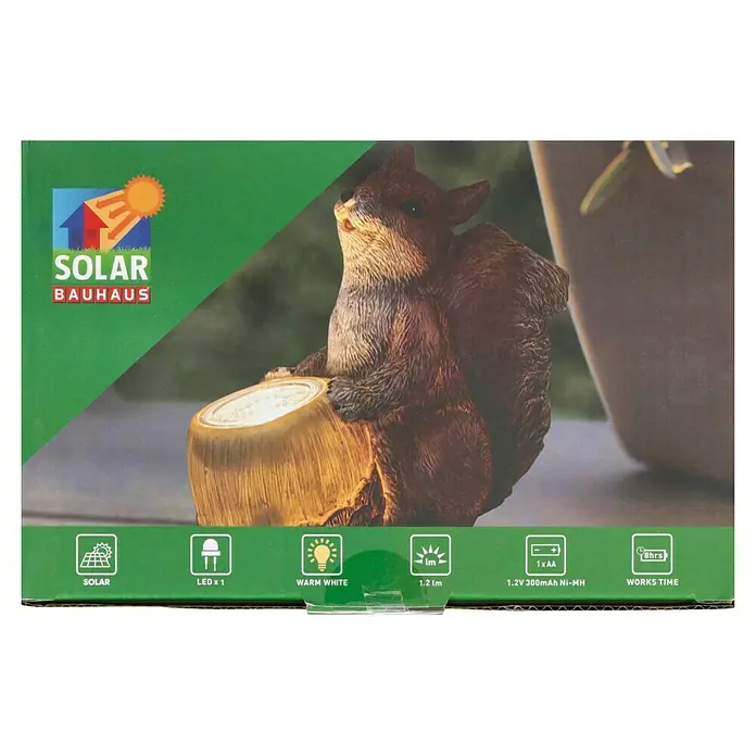 BAUHAUS Solar-Dekoleuchte Eichhörnchen - L x B x H: 19,5 x 12,5 x 18 cm, Braun, IP44 - Produktverpackung für eine Solar-Gartenleuchte in Form eines Eichhörnchens auf einem Baumstumpf.