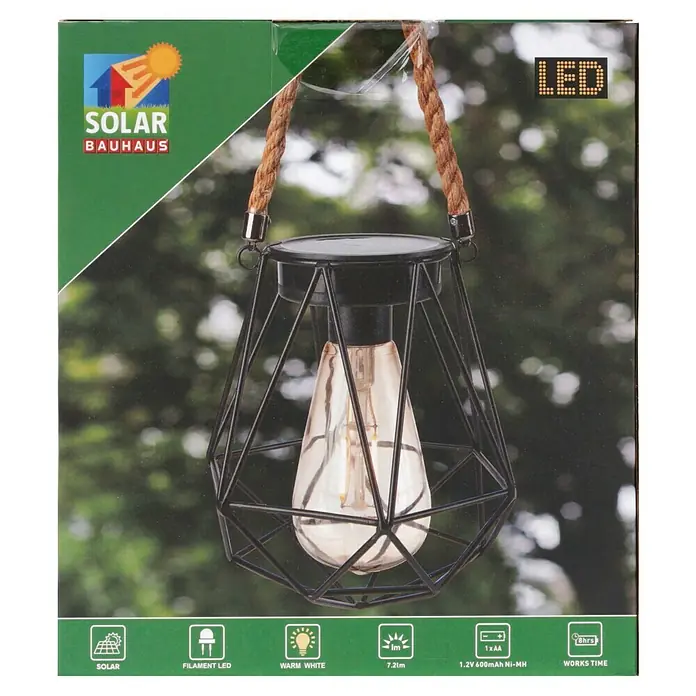 BAUHAUS Solar-Hängeleuchte - 0,03 W, L x B x H: 15 x 15 x 15,5 cm, Schwarz, IP44 - Ein Solar Bauhaus LED Filament Laterne mit warmweißem Licht, betrieben mit einer 1.2V Batterie und einer Leuchtdauer von 8 Stunden.