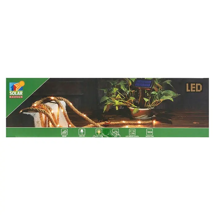 BAUHAUS Solar-Lichterkette - Länge: 13 m, LED - Solar Bauhaus LED-Lichterkette mit Seil-Design. Ideal für den Garten, mit Solarpanel und warmweißem Licht für stimmungsvolle Beleuchtung.