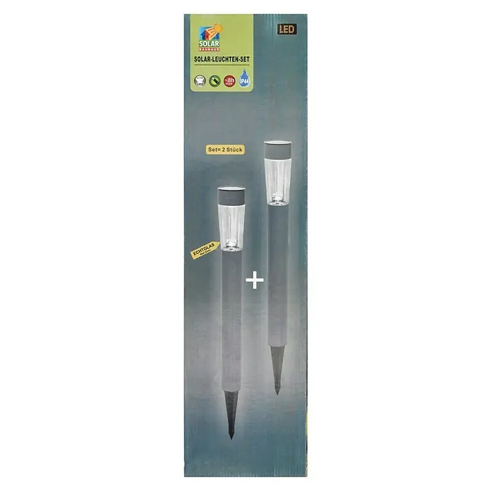 BAUHAUS Solarleuchten-Set Premium - Grau, 10 lm - Das Bild zeigt eine Packung Solar-Gartenleuchten für den Außenbereich. Das Set enthält zwei Leuchten und ist mit LED-Technologie ausgestattet.