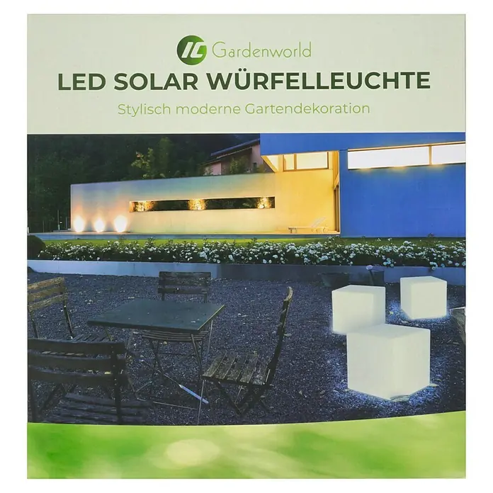 LED-Solar-Würfelleuchte - 30 x 30 x 30 cm - Abbildung einer LED Solar Würfelleuchte von Gardenworld, die eine stilvolle und moderne Gartendekoration bietet.