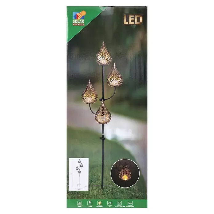 BAUHAUS Solar-Erdspieß Flame - 0,06 W, L x B x H: 38 x 38 x 151 cm, Schwarz/Gold, IP44 - Ein schwarzer Solar-LED-Gartenstecker mit vier metallisch gemusterten, tropfenförmigen Lampen, die warmweißes Licht ausstrahlen, für den Außenbereich.