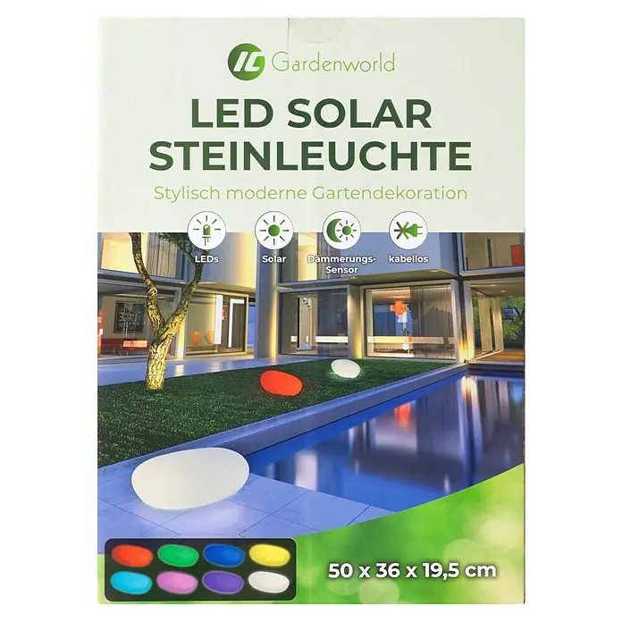 Solar-Dekoleuchte - Weiß, L x B x H: 36 x 50 x 19,5 cm - Verpackung einer LED Solar Steinleuchte für stilvolle Gartendekoration mit verschiedenen Farben und praktischen Funktionen.