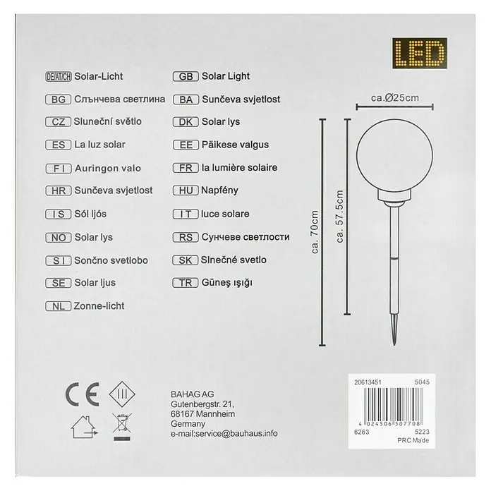 BAUHAUS Solar-Dekoleuchte Fara - Durchmesser: 25 cm, Höhe: 67,7 cm, LED - Abbildung einer Solarleuchte mit den Maßen, ca. 70cm hoch, ca. Ø25cm Durchmesser des Lampenkopfes und LED-Anzeige.