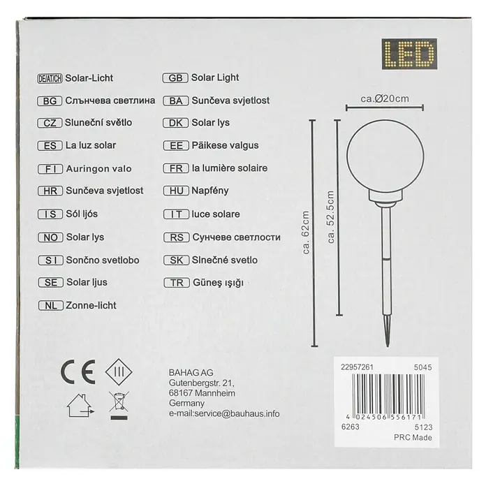 BAUHAUS Solar-Dekoleuchte Ball - Höhe: 525 mm, IP44 - Abbildung einer Solarleuchte mit LED, Maße ca. 62cm hoch, Durchmesser ca. 20cm. Sie ist zur Verwendung im Garten oder Außenbereich geeignet.
