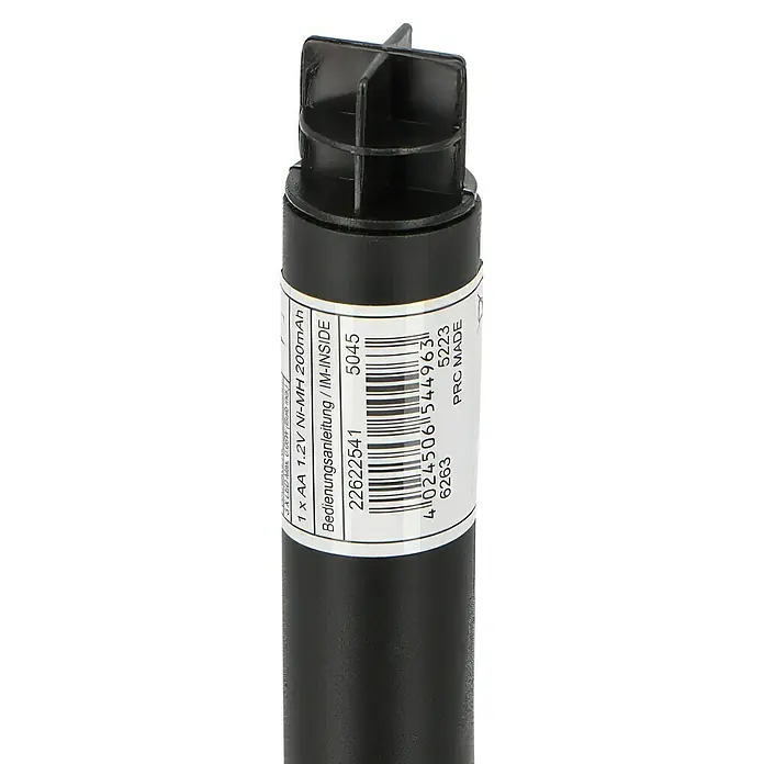 BAUHAUS Solar-Spot 2 - 0,18 W, Schwarz, IP44, 4 lm - Nahaufnahme einer schwarzen LED-Leuchte mit Beschriftungen, die ihre technischen Daten und Herkunft aus PRC Made angeben.